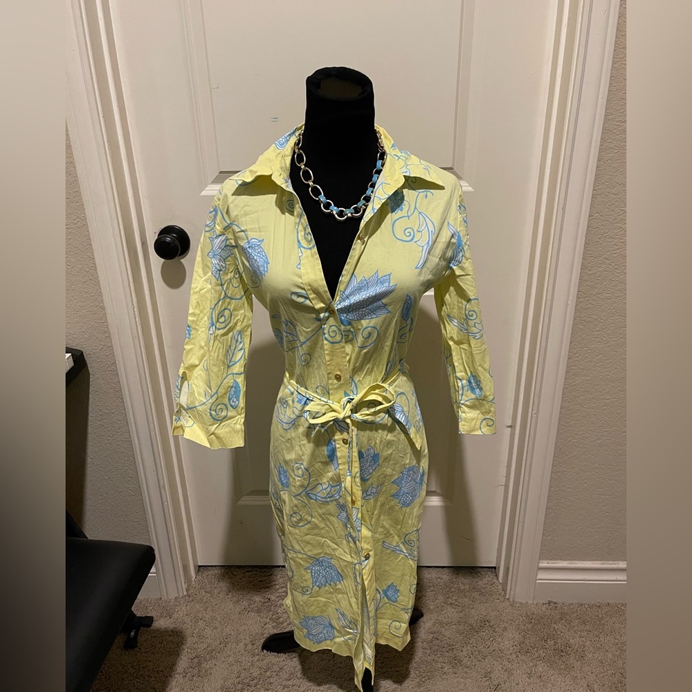 Yellow and Blue Floral Button-Up Dress